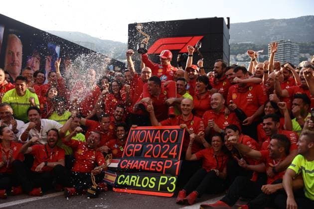 F1 Grand Prix Of Monaco 2024 Charles Leclerc of Ferrari celebrates with the team after Grand Prix of Monaco at Circuit de Monaco in Monaco on May 26, 2023. Monaco Monaco  Copyright: xJakubxPorzyckix originalFilename:porzycki-f1grandp240526_np7tP.jpg