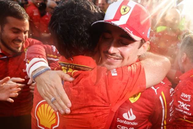 F1 Grand Prix Of Monaco 2024 Charles Leclerc of Ferrari celebrates with the team after Grand Prix of Monaco at Circuit de Monaco in Monaco on May 26, 2023. Monaco Monaco  Copyright: xJakubxPorzyckix originalFilename:porzycki-f1grandp240526_npitI.jpg