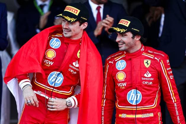 First place Charles Leclerc of Monaco and Ferrari and Third Place Carlos Sainz of Spain and Ferrari celebrate on the podium, Race, F1 Grand Prix of Monaco, Monaco on May 26, 2024 in Monte Carlo, Monaco Photo by Diogo Cardoso DeFodi Images First place Charles Leclerc of Monaco and Ferrari and Third Place Carlos Sainz of Spain and Ferrari celebrate on the podium, Race, F1 Grand Prix of Monaco, Monaco on May 26, 2024 in Monte Carlo, Monaco Photo by Diogo Cardoso DeFodi Images Defodi 645 f1mon20240526 0499 Defodi-645