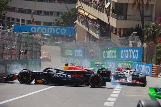 Formula 1 Grand Prix Monaco 2024 26 05 2024, Circuit de Monaco, Monte Carlo, Formula 1 Grand Prix Monaco 2024 ,in the picture crash of Sergio Perez MEX , Oracle Red Bull Racing, Nico Hülkenberg DEU , Haas F1 Team, Kevin Magnussen DNK , Haas F1 Team nordphotoxGmbHx xBratic nph00250