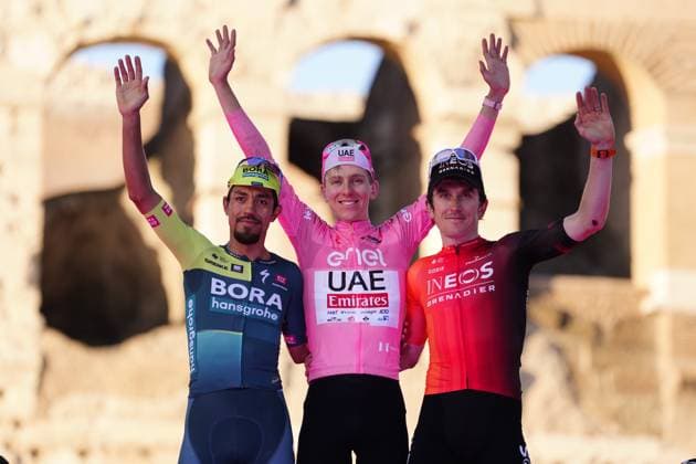 The final podium of the Giro d Italia, Poga& x10d;ar Tadej (Team Uae Emirates) , Thomas Geraint (Team Ineos Grenadiers), Martinez Poveda Daniel Felipe (Team Bora - Hansgrohe) , during the final stage from Rome to Rome, Italy. Sunday, May 26, 2024 cycling  Copyright: xFabioxFerrarix xLaPressex