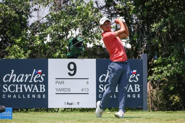 FORT WORTH, TX - MAY 26: Collin Morikawa (USA) hits from the 9th tee during the Charles Schwab Challenge on May 26, 2024 at Colonial Country Club in Fort Worth, TX. (Photo by George Walker Icon Sportswire) GOLF: MAY 26 PGA, Golf Herren Charles Schwab Challenge EDITORIAL USE ONLY Icon240526042