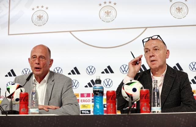DFB press conference national team Blankenhain, 27 05 2024, media center in Blankenhain Castle , Thuringia Training camp of the German national soccer team before UEFA EURO 2024 , press conference In the picture from l Thuringias Minister of Economics Wolfgang Tiefensee and DFB President Bernd Neuendorf , Picture Point