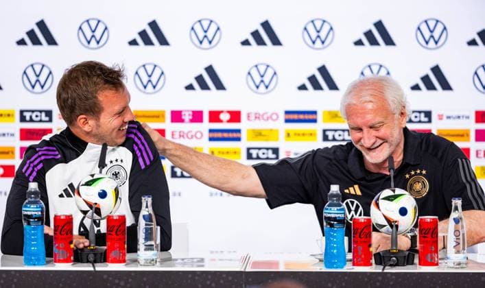 27 05 2024, GER, Football, Men, Season 2023 2024, DFB National Team Training Camp Blankenhain Opening Press Conference at Blankenhain Castle The opening press conference will be attended by Julian Nagelsmann DFB National Team Head Coach and Rudi Voeller 99444 Blankenhain Castle Blankenhain Thuringia Germany