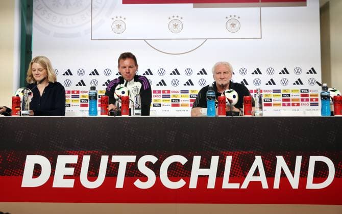 DFB press conference national team Blankenhain, 27 05 2024, media center in Blankenhain Castle , Thuringia Training camp of the German national soccer team before UEFA EURO 2024 , press conference In the picture from l Franziska Wülle, national coach Julian Nagelsmann, Rudi Völler Director DFB A Selection , Picture Point