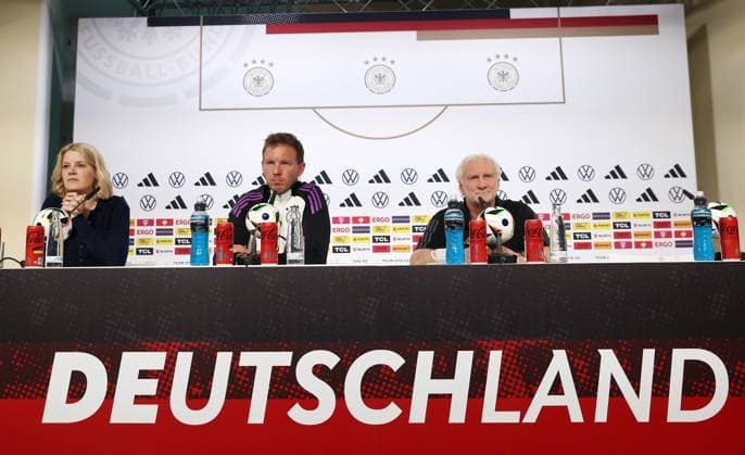 DFB press conference national team Blankenhain, 27 05 2024, media center in Blankenhain Castle , Thuringia Training camp of the German national soccer team before UEFA EURO 2024 , press conference In the picture from l Franziska Wülle, national coach Julian Nagelsmann, Rudi Völler Director DFB A Selection , Picture Point