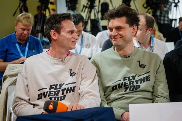 Blankenhain , 270524 , European Championship training camp , Blankenhain expects DFB Elf , Press conference In the picture Press conference in Blankenhain Castle with Fabian Köster and Lutz van der Horst, German comedy author, comedian and TV presenter in the heute show on ZDF