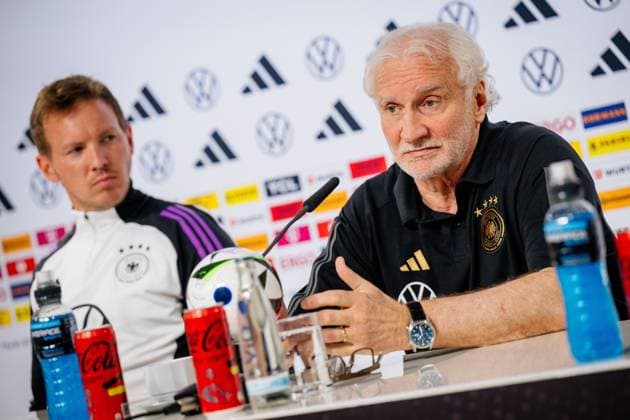 Blankenhain , 270524 , European Championship training camp , Blankenhain expects DFB Elf , Press conference In the picture Press conference in Blankenhain Castle with national coach Julian Nagelsmann and Rudi Völler, director of the mens national team