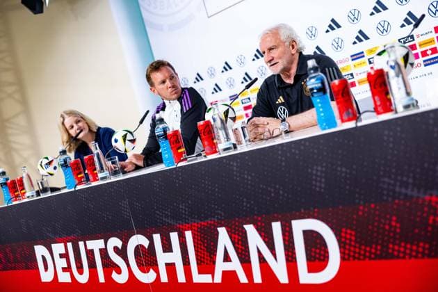 27 05 2024, GER, Football, Men, Season 2023 2024, DFB National Team Training Camp Blankenhain Opening Press Conference at Blankenhain Castle The opening press conference will be attended by Julian Nagelsmann DFB National Team Head Coach and Rudi Voeller Director DFB A Selection 99444 Blankenhain Castle Blankenhain Thuringia Germany