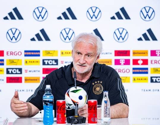 27 05 2024, GER, Football, Men, Season 2023 2024, DFB National Team Training Camp Blankenhain Opening Press Conference at Blankenhain Castle In the picture you can see Rudi Voeller Director DFB A Selection For the opening press conference are present, Julian Nagelsmann DFB National Team Head Coach and Rudi Voeller Director DFB A Selection 99444 Blankenhain Castle Blankenhain Thuringia Germany