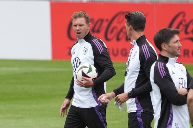 National coach Julian Nagelsmann Germany Germany with co-coach assistant coach Sandro Wagner Germany Germany Jena 27 05 2024 Public training camp of the German national team for European Championship preparations, Ernst Abbe Sportfeld
