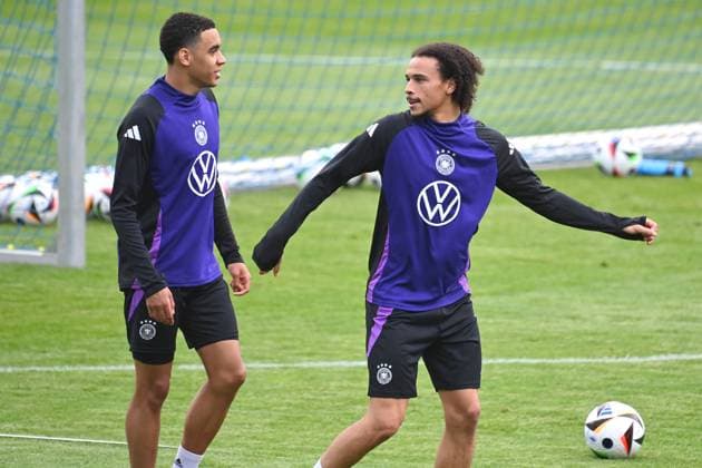 from left Jamal MUSIALA ,Leroy SANE, Public Training in Jena , Ernst Abbe Sportfeld German National Soccer Team,Soccer Training Camp in Blankenhain Thuringia on 27 05 2024,