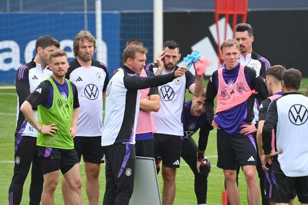National coach Julian NAGELSMANN GER with players, team, gestures, gives instructions, public training in Jena, Ernst Abbe sports field German national football team, football training camp in Blankenhain Thuringia on 27 05 2024,