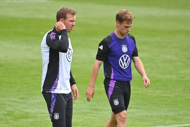 National coach Julian NAGELSMANN GER with Joshua KIMMICH GER public training in Jena , Ernst Abbe Sportfeld German national football team, football training camp in Blankenhain Thuringia on 27 05 2024,