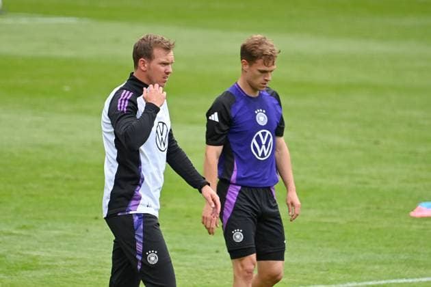 National coach Julian NAGELSMANN GER with Joshua KIMMICH GER public training in Jena , Ernst Abbe Sportfeld German national football team, football training camp in Blankenhain Thuringia on 27 05 2024,