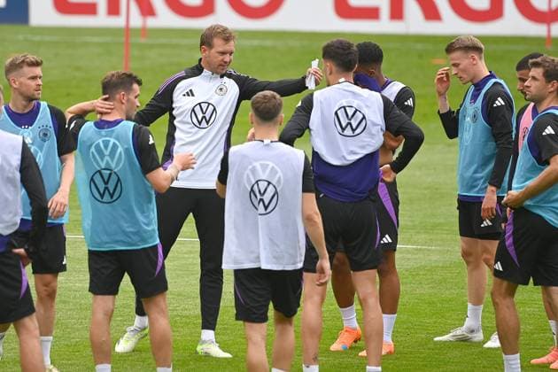 National coach Julian NAGELSMANN GER with players, team, gestures, gives instructions, public training in Jena, Ernst Abbe sports field German national football team, football training camp in Blankenhain Thuringia on 27 05 2024,