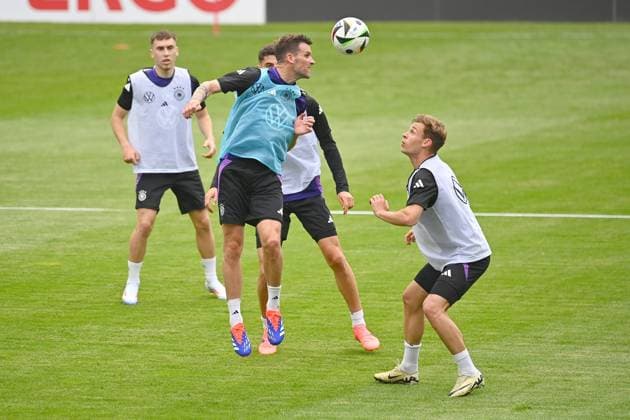 Pascal GROSS,action,duel against Joshua KIMMICH public training in Jena , Ernst Abbe Sportfeld German national soccer team,soccer training camp in Blankenhain Thuringia on 27 05 2024,