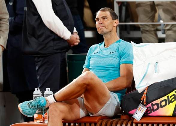 Rafael Nadal ESP sits on the bench after his final match at Roland Garros, Emotion Tennis French Open 2024 Roland Garros Paris France 27 May 2024 Copyright: xJuergenxHasenkopfx