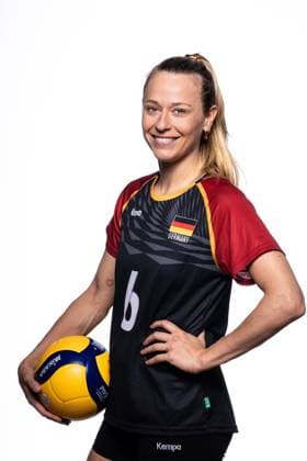 Volleyball women portrait appointment press appointment national team 06 05 2024 Anonia Stautz portrait sideways with ball Grünheide Mark Kienbaum Olympic and Paral Brandenburg Germany