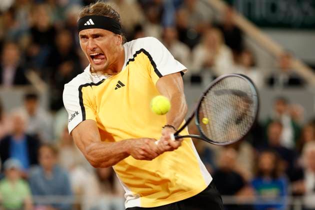 May 27, 2024, Paris, France: German tennis star ALEXANDER ZVEREV, 27, 4th seed in this Grand Slam tourneyment serving hard against Spaniard tennis legend Nadal, 37, playing at the 2024 French Open at Roland Garros Monday in the first round. Nadal, once the No. 1 tennis player in the world and now ranked No. 275 in the world tennis rankings, won 14 of his 22 Grand Slam titles at the French Open. Paris France - ZUMAb253 20240527_zsp_b253_066 Copyright: xLoicxBaratouxx