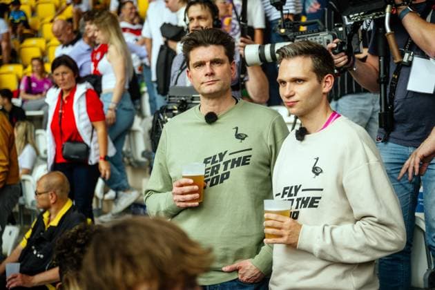 Jena , 270524 , 15,000 fans celebrate the DFB team at public training in Jena In the picture Lutz van der Horst and Fabian Köster, German comedy author, comedian and TV presenter in the heute show on ZDF