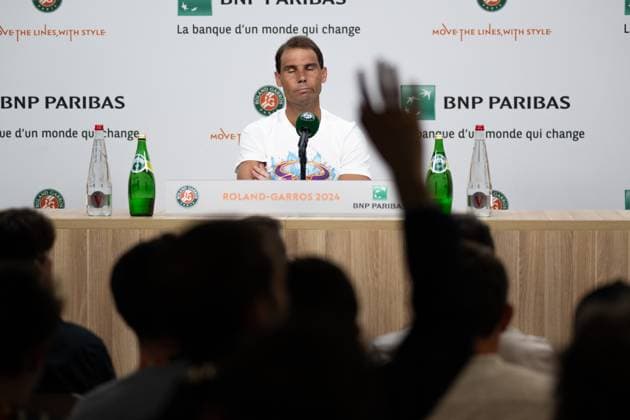(240528) -- PARIS, May 28, 2024 -- Rafael Nadal of Spain reacts on the press conference, PK, Pressekonferenz after the men s singles 1st round match against Alexander Zverev of Germany at the French Open tennis tournament at Roland Garros, Paris, France, May 27, 2024. ) (SP)FRANCE-PARIS-TENNIS-FRENCH OPEN-MEN S SINGLES MengxDingbo 
