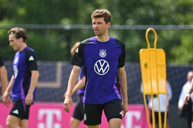 Thomas MUELLER , action,single picture,cropped single motif,half figure,half figure training in the Golf Resort Weimarer Land,training ground German national soccer team,soccer training camp in Blankenhain Thuringia on 27 05 2024,
