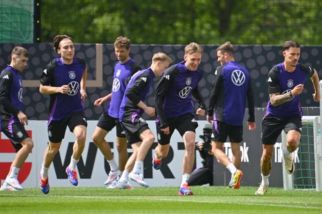 from right Robin KOCH, Maximilian BEIER, Rocco REITZ, action training at the Golf Resort Weimarer Land, training ground German national soccer team, soccer training camp in Blankenhain Thuringia on 27 05 2024,