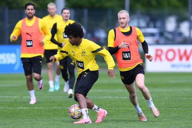 Soccer 1 Bundesliga training Borussia Dortmund on 28 05 2024 at the training ground Hohenbuschei in Dortmund Karim Adeyemi Dortmund , left Marco Reus Dortmund , right xRx