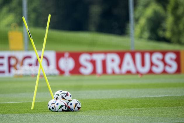 DFB training camp training 28 05 2024 Symbol photo UEFA EURO 2024 match ball Football love in the stack in front of poles DFB training camp training Blankenhain, Golf Spa Resort Weimarer Land on 28 05 2024 Copyright: xBEAUTIFULxSPORTS Wunderlx