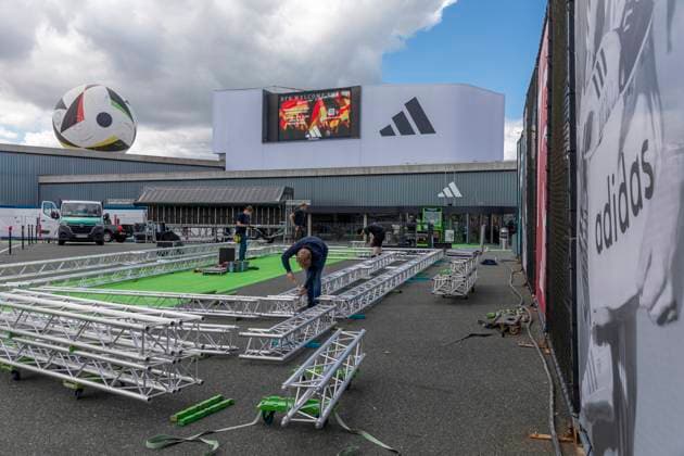Report 28 05 2024 adidas in Herzogenaurach prepares for the arrival of the mens national team Stage set-up in front of the adidas factory outlet Herzogenaurach Bavaria Germany