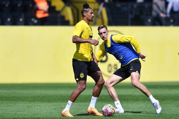 Soccer 1 Bundesliga training Borussia Dortmund on 28 05 2024 at the training ground Hohenbuschei in Dortmund Sebastien Haller Dortmund , left Nico Schlotterbeck Dortmund , right xRx