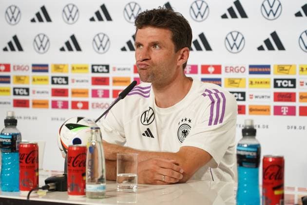 Thomas Müller Germany Germany in the press conference thoughtful Blankenhain 28 05 2024 Press conference of the German national team for the European Championship preparation, Golf Resort Weimarer Land