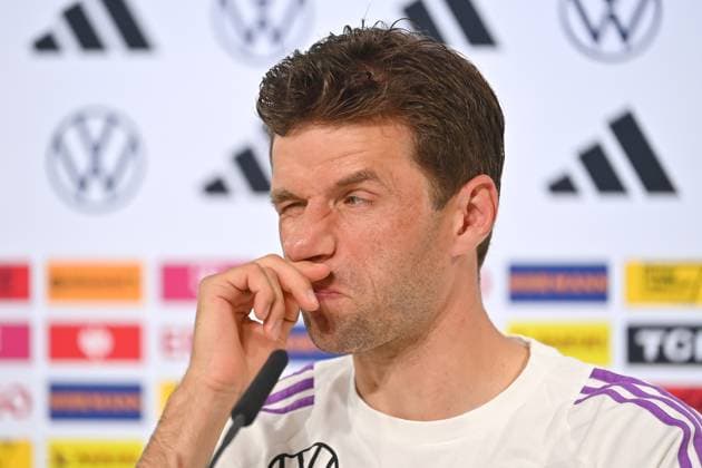 Thomas MUELLER, gesture, skeptical, action, single image, cropped single motif, portrait, portrait, portrait PRESS CONFERENCE German national football team, football training camp in Blankenhain Thuringia on 27 05 2024, Â