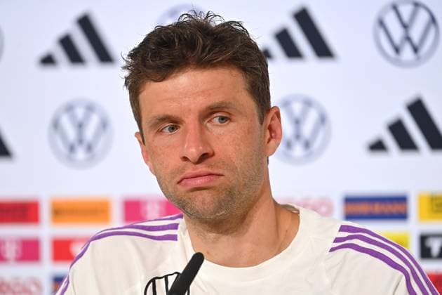 Thomas MUELLER, action,single image,cropped single motif,portrait,portrait,portrait PRESS CONFERENCE German national football team,football training camp in Blankenhain Thuringia on 27 05 2024, Â