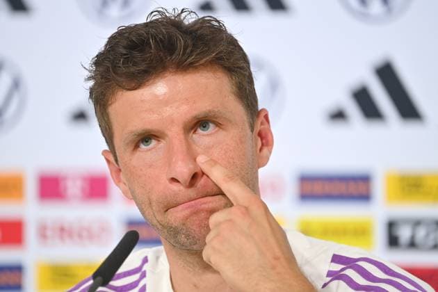 Thomas MUELLER, gesture, skeptical, action, single image, cropped single motif, portrait, portrait, portrait PRESS CONFERENCE German national football team, football training camp in Blankenhain Thuringia on 27 05 2024, Â