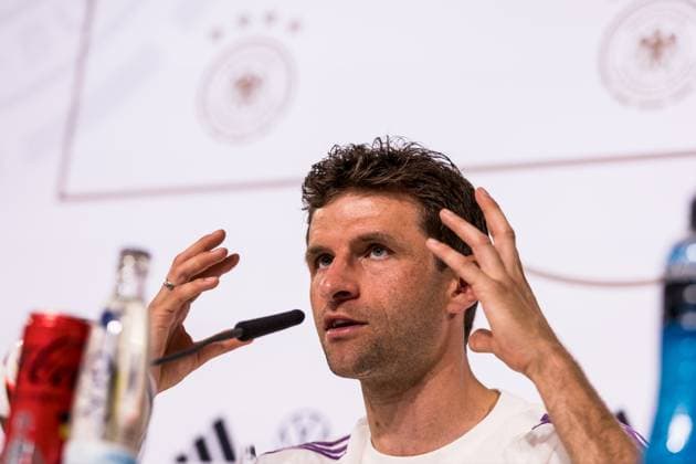 DFB Training Camp Press Conference 28 05 2024 Thomas Müller Germany gestures DFB Training Camp Press Conference Blankenhain, Golf Spa Resort Weimarer Land on 28 05 2024 Copyright: xBEAUTIFULxSPORTS Wunderlx