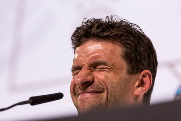DFB training camp press conference 28 05 2024 Thomas Müller Germany grins, squints DFB training camp press conference Blankenhain, Golf Spa Resort Weimarer Land on 28 05 2024 Copyright: xBEAUTIFULxSPORTS Wunderlx