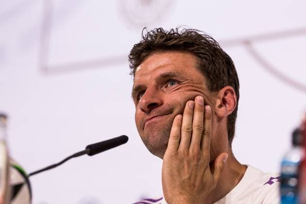 DFB training camp press conference 28 05 2024 Thomas Müller Germany hand in face DFB training camp press conference Blankenhain, Golf Spa Resort Weimarer Land on 28 05 2024 Copyright: xBEAUTIFULxSPORTS Wunderlx