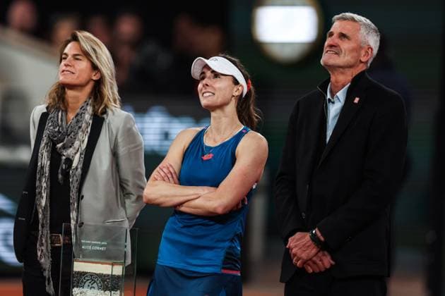 2024 French Open - Day 3 Alize Cornet is reacting during a ceremony for her last tournament of her professional career alongside tournament director Amelie Mauresmo and French Tennis Federation President Gilles Moretton. The ceremony is being held after her loss against Zheng Qinwen in the Women s Singles first-round match on Day Three of the 2024 French Open at Roland Garros in Paris, France, on May 28, 2024 Paris France  Copyright: xIbrahimxEzzatx originalFilename:ezzat-notitle240528_npFe8.jpg