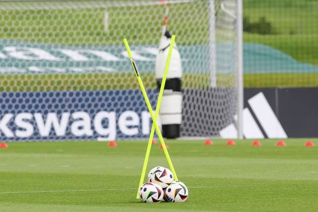 adidas footballs lying between two poles on the training ground, public training day 2, training camp of the German national team, Ernst Abbe Sportfeld, 28 05 2024, Jena, Germany
