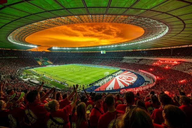 Soccer Berlin 25 05 2024 DFB Pokalfinal 1 FC Kaiserslautern Bayer 04 Leverkusen 0 1 Bayer 04 Leverkusen wins the German Cup 2024 Berlin Olympic Stadium Sports venue Kaiserslautern Fans in the foreground and on the right