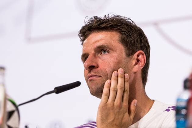 DFB training camp press conference 28 05 2024 Thomas Müller Germany hand on face, on cheek DFB training camp press conference Blankenhain, Golf Spa Resort Weimarer Land on 28 05 2024 Copyright: xBEAUTIFULxSPORTS Wunderlx
