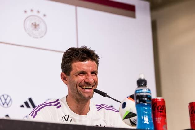 DFB training camp press conference 28 05 2024 Thomas Müller Germany laughing, laughing DFB training camp press conference Blankenhain, Golf Spa Resort Weimarer Land on 28 05 2024 Copyright: xBEAUTIFULxSPORTS Wunderlx