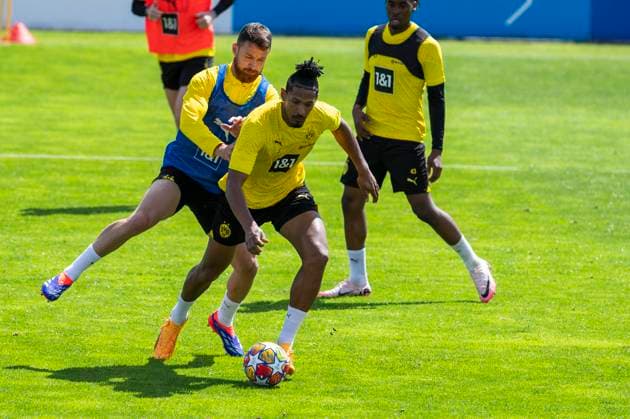 Training Borussia Dortmund, 28 05 2024 Sebastien Haller Borussia Dortmund, 9 in duel with Salih Özcan Borussia Dortmund, 6 Training session of Borussia Dortmund on 28 05 2024 before the UEFA Champions League final against Real Madrid, training ground Hohenbuschei, Dortmund DFL regulations prohibit any use of photographs as image sequences and or quasi video Copyright: xBEAUTIFULxSPORTS Meuselx