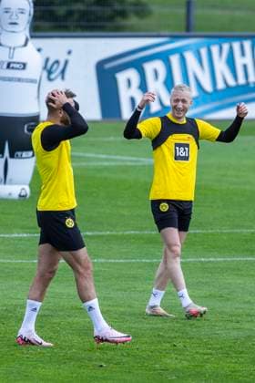 Training Borussia Dortmund, 28 05 2024 Marco Reus Borussia Dortmund, 11 laughs with Niclas Füllkrug Borussia Dortmund, 14 Training session of Borussia Dortmund on 28 05 2024 before the UEFA Champions League final against Real Madrid, training ground Hohenbuschei, Dortmund DFL regulations prohibit any use of photographs as image sequences and or quasi video Copyright: xBEAUTIFULxSPORTS Meuselx