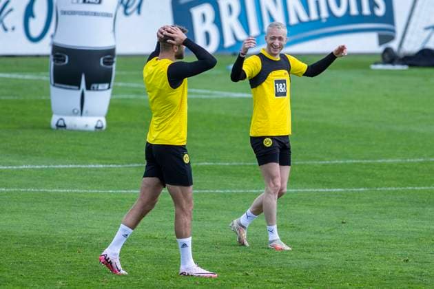 Training Borussia Dortmund, 28 05 2024 Marco Reus Borussia Dortmund, 11 laughs with Niclas Füllkrug Borussia Dortmund, 14 Training session of Borussia Dortmund on 28 05 2024 before the UEFA Champions League final against Real Madrid, training ground Hohenbuschei, Dortmund DFL regulations prohibit any use of photographs as image sequences and or quasi video Copyright: xBEAUTIFULxSPORTS Meuselx