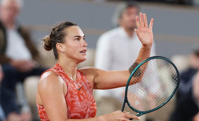 (240529) -- PARIS, May 29, 2024 -- Aryna Sabalenka of Belarus reacts during the women s singles first round match between Aryna Sabalenka of Belarus and Erika Andreeva of Russia at the French tennis tournament at Roland Garros in Paris, France, on May 28, 2024. ) (SP)FRANCE-PARIS-TENNIS-FRENCH OPEN-WOMEN S SINGLES GaoxJing 