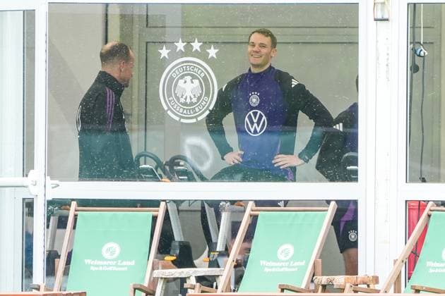 Goalkeeper Goalie Manuel Neuer Germany Germany trains on the ergometer in the fitness tent on his first day at the training camp Blankenhain 29 05 2024 Training camp of the German national team for the European Championship preparation, Golf Resort Weimarer Land