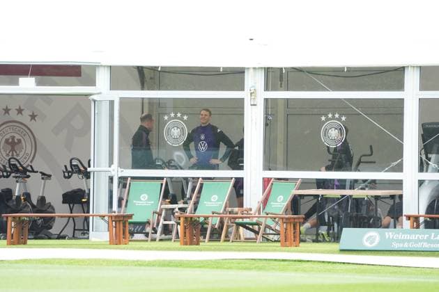 Goalkeeper Goalie Manuel Neuer Germany Germany trains on the ergometer in the fitness tent on his first day at the training camp Blankenhain 29 05 2024 Training camp of the German national team for the European Championship preparation, Golf Resort Weimarer Land